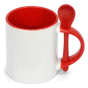 11 OZ Ceramic Coffee Mug with red hsndle, spoon and inner cup design