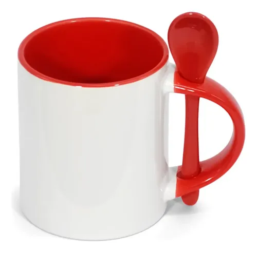 11 OZ Ceramic Coffee Mug with red hsndle, spoon and inner cup design